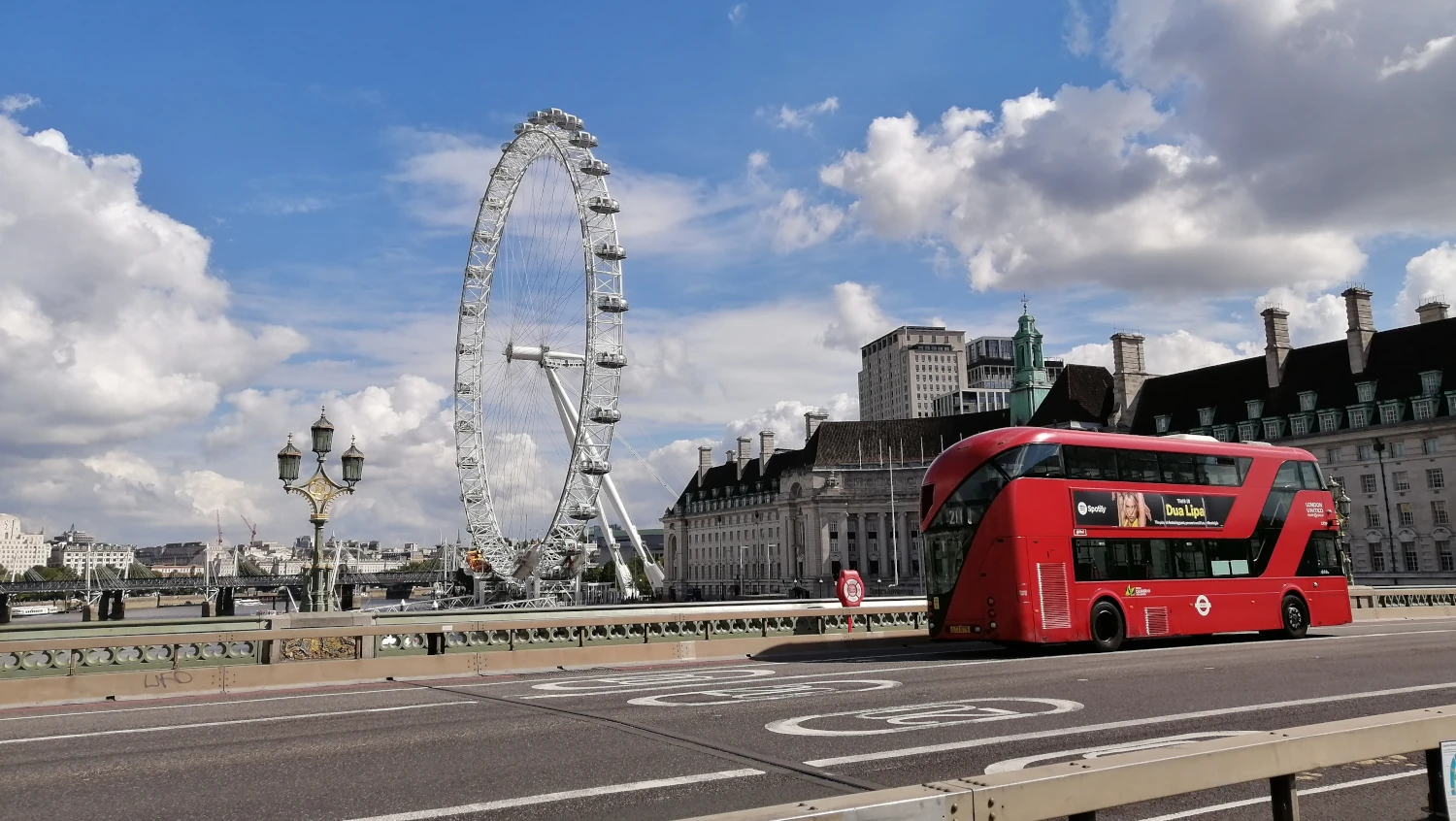 London Eye a prázdný Westminster Bridge